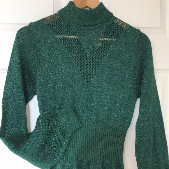 Vintage Wenjilli Metallic Knit Long Sleeve Maxi Dress Turtle Neck; Mesh V @ Neck - Picture 7 of 16
